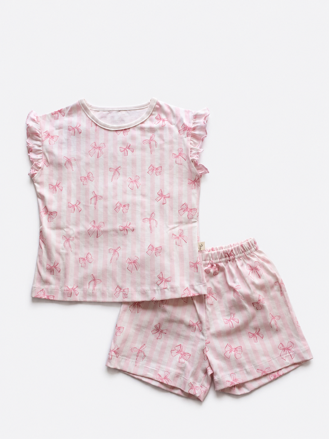 Girl Cotton Summer Pyjamas - Bows Baby Pink Stripes